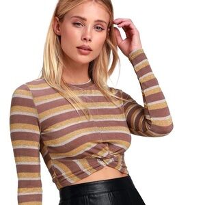 Joa Whirlwind Taupe Striped Ling Sleeve Crop Top Size Medium